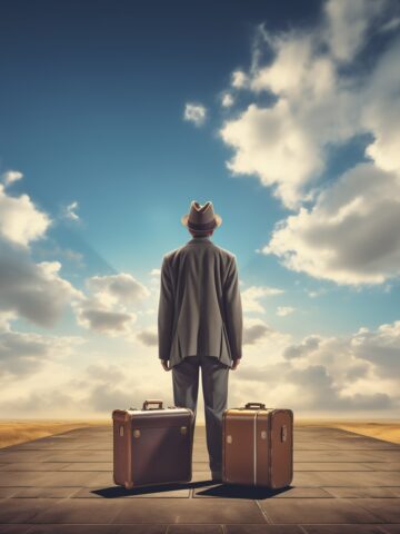 A drawing of a man, in a grey suit and hat, prepared to begin a long journey. He has two old-fashioned suitcases, and is looking towards a horizon of blue skies.