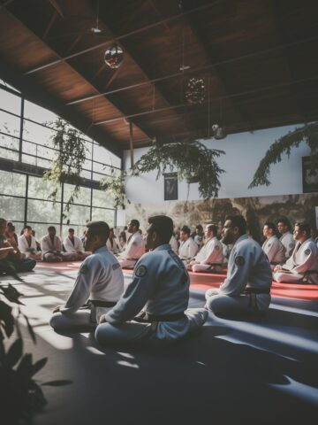 An AI-generated image of Brazilian Jiu Jitsu students sitting and listening to an unseen instructor in a beautiful academy with a high wooden ceiling, and lots of greenery.