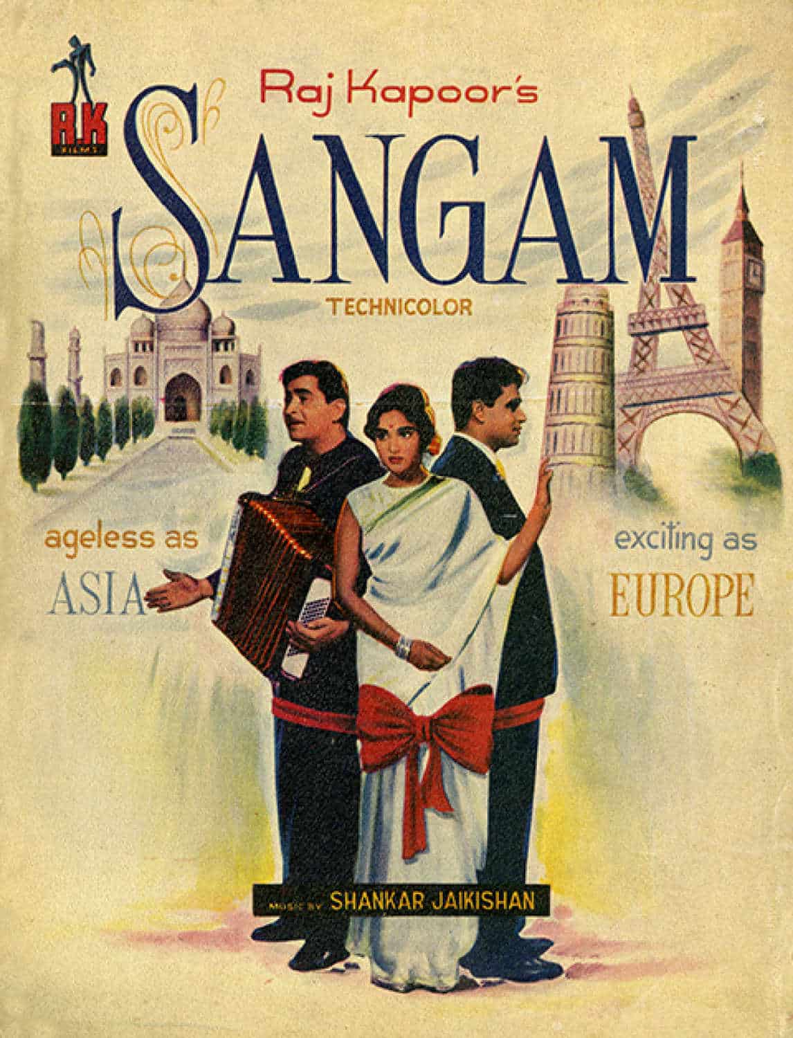 Sangam's movie poster showing the Taj Mahal on one side, and European attractions on the other.
