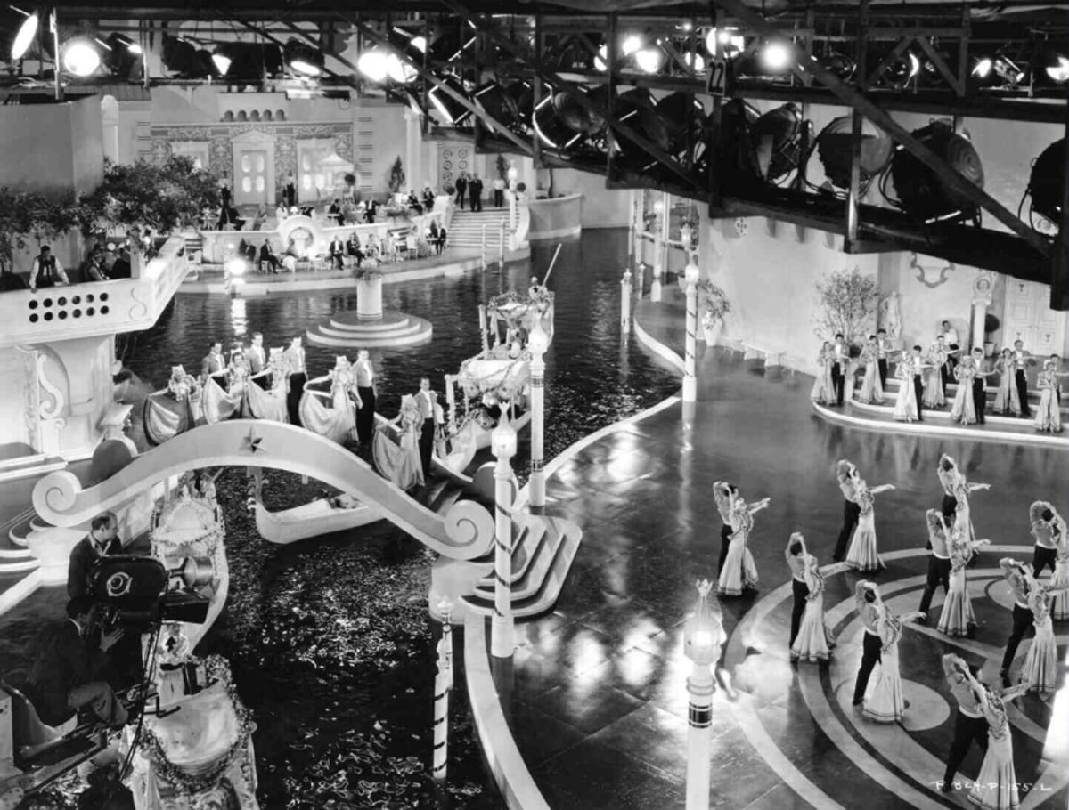 Venice-inspired studio set with canals and dancers in Top Hat (1935)