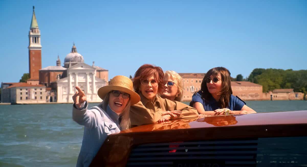 The four friends travelling by boat through Venice in Book Club: The Next Chapter (2023)